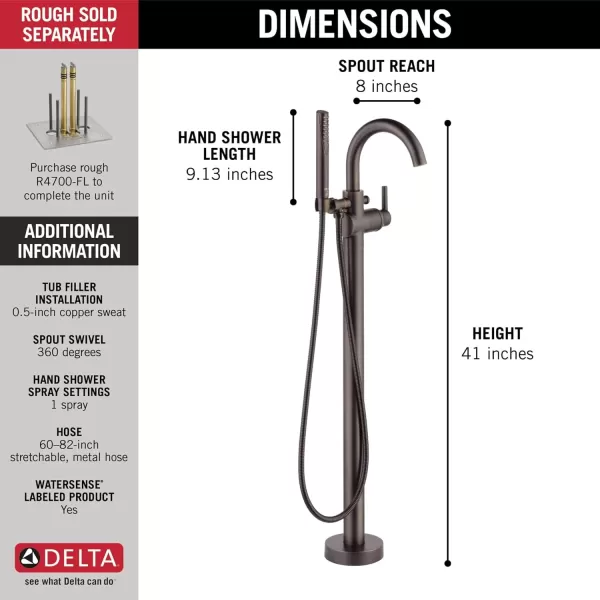 imageDelta Faucet Trinsic FloorMount Freestanding Tub Filler with Hand Held Shower Chrome Bathtub Faucet Tub Faucet Chrome T4759FL Valve Not IncludedVenetian Bronze