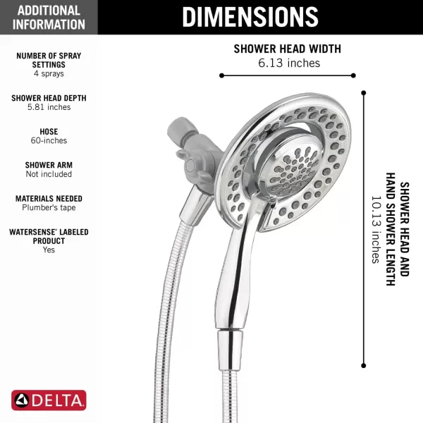 imageDelta Faucet 4Setting In2ition 2in1 Dual Shower Head with Handheld Brushed Nickel Round Shower Head with Hose Detachable Shower Head Hand Held Shower Head SpotShield Stainless 75486CSNChrome