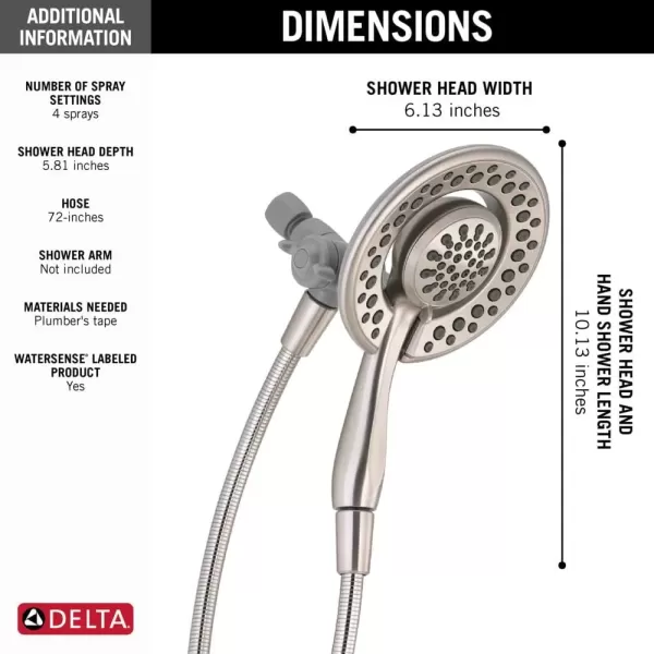 imageDelta Faucet 4Setting In2ition 2in1 Dual Shower Head with Handheld Brushed Nickel Round Shower Head with Hose Detachable Shower Head Hand Held Shower Head SpotShield Stainless 75486CSNSpotshield Brushed Nickel