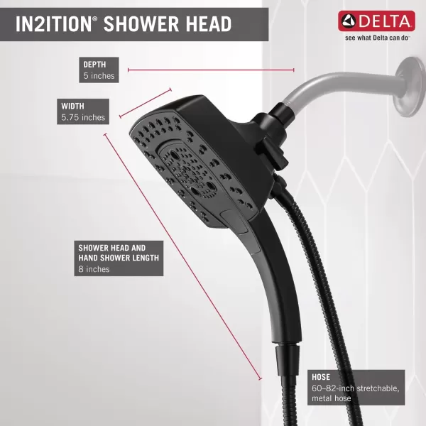 imageDelta Faucet 5Setting In2ition 2in1 Dual Hand Held Shower Head with Hose Black Shower Head Handheld Combo Magnetic Docking Handheld Shower Head 175 GPM Matte Black 58474BLMatte Black