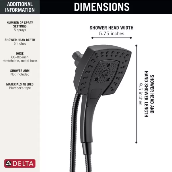 imageDelta Faucet 5Setting In2ition 2in1 Dual Hand Held Shower Head with Hose Black Shower Head Handheld Combo Magnetic Docking Handheld Shower Head 175 GPM Matte Black 58474BLMatte Black