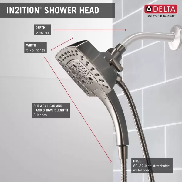 imageDelta Faucet 5Spray In2ition Dual Shower Head with HandHeld Spray H2Okinetic Brushed Nickel Shower Head with Hose Showerheads Magnetic Docking Lumicoat Stainless 58474SSPR25