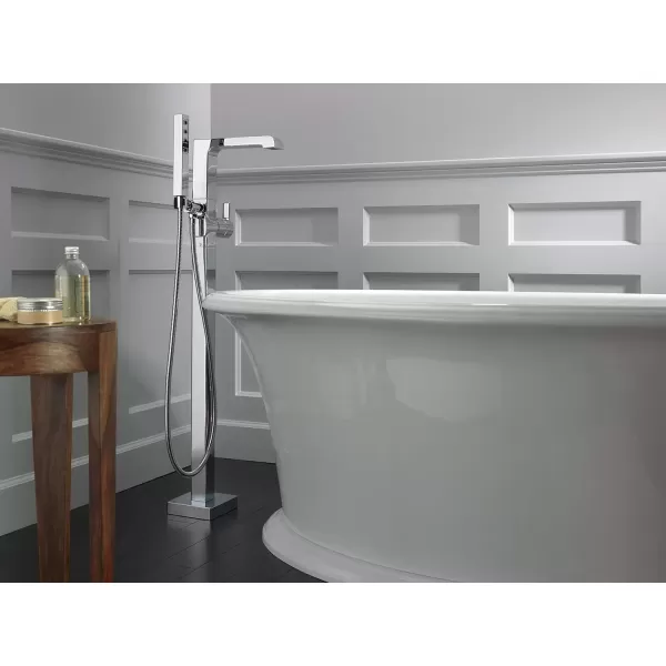 imageDelta Faucet Ara FloorMount Freestanding Tub Filler with Hand Held Shower Black Bathtub Faucet Tub Faucet Matte Black T4767BLFL Valve Not IncludedChrome