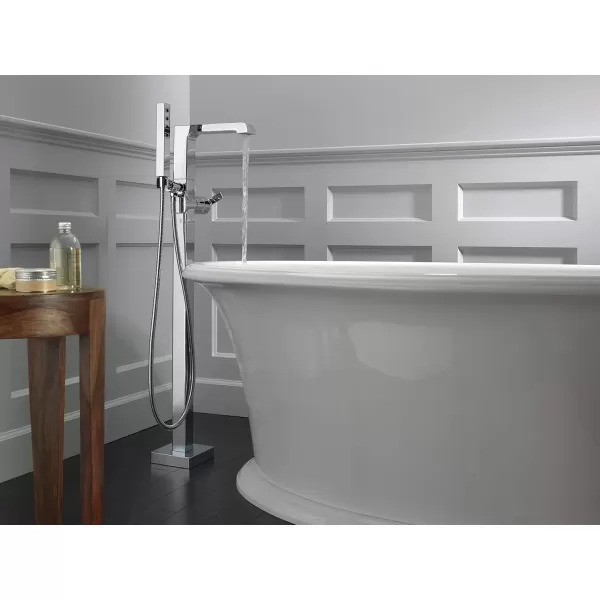 imageDelta Faucet Ara FloorMount Freestanding Tub Filler with Hand Held Shower Black Bathtub Faucet Tub Faucet Matte Black T4767BLFL Valve Not IncludedChrome