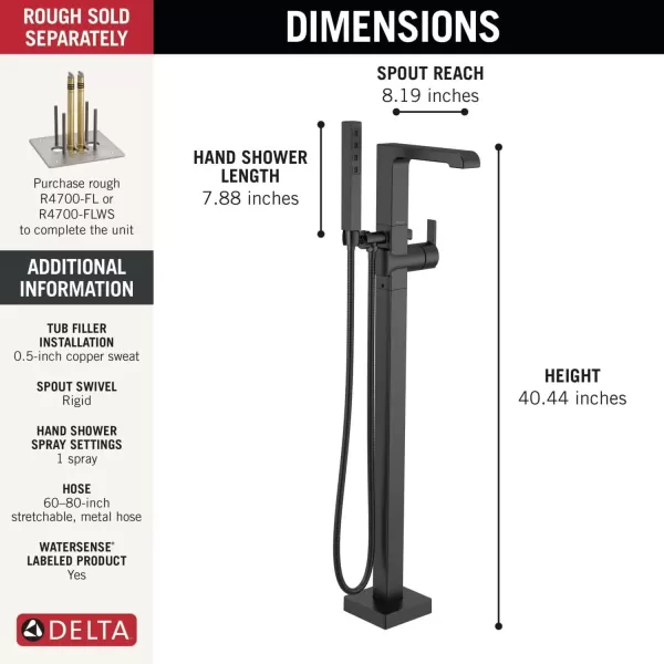 imageDelta Faucet Ara FloorMount Freestanding Tub Filler with Hand Held Shower Black Bathtub Faucet Tub Faucet Matte Black T4767BLFL Valve Not IncludedMatte Black