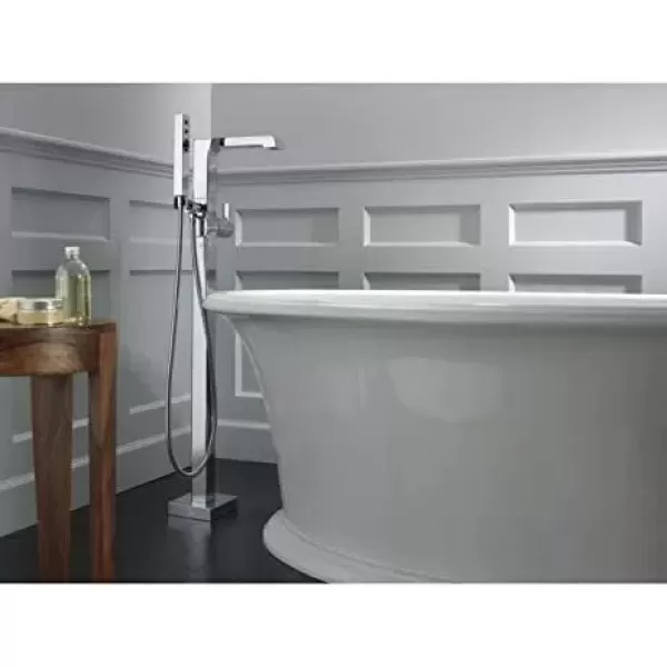 imageDelta Faucet Ara FloorMount Freestanding Tub Filler with Hand Held Shower Black Bathtub Faucet Tub Faucet Matte Black T4767BLFL Valve Not IncludedStainless