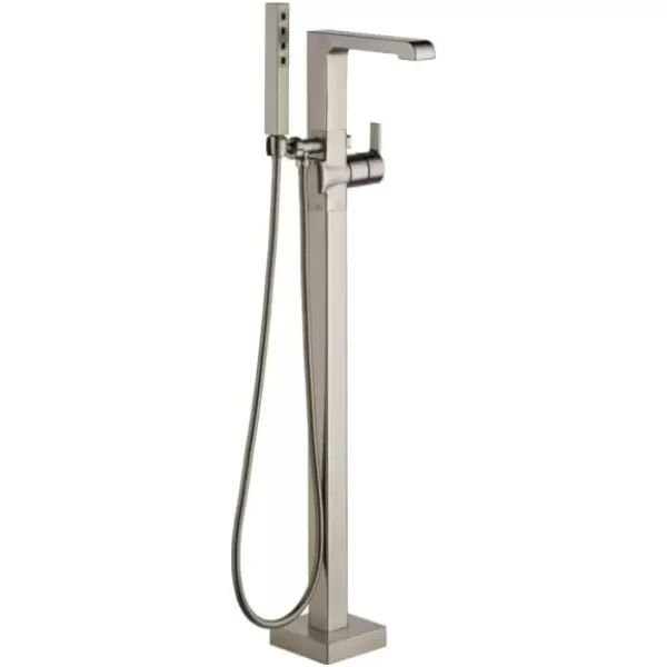 imageDelta Faucet Ara FloorMount Freestanding Tub Filler with Hand Held Shower Black Bathtub Faucet Tub Faucet Matte Black T4767BLFL Valve Not IncludedStainless