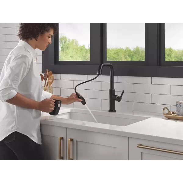 imageDelta Faucet Nicoli USpout Kitchen Faucet with Pull Down Sprayer Champagne Gold Kitchen Sink Faucet Modern Kitchen Faucet Single Hole Kitchen Faucet Champagne Bronze 19868LFCZMatte Black  Champagne Bronze