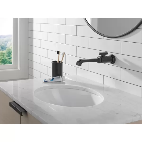 imageDelta Faucet Tetra Wall Mount Bathroom Faucet Brushed Nickel Wall Mount Faucet Bathroom Wall Faucet Brushed Nickel Bathroom Faucet Lumicoat Stainless T3589LFSSPRWL Valve Not IncludedMatte Black