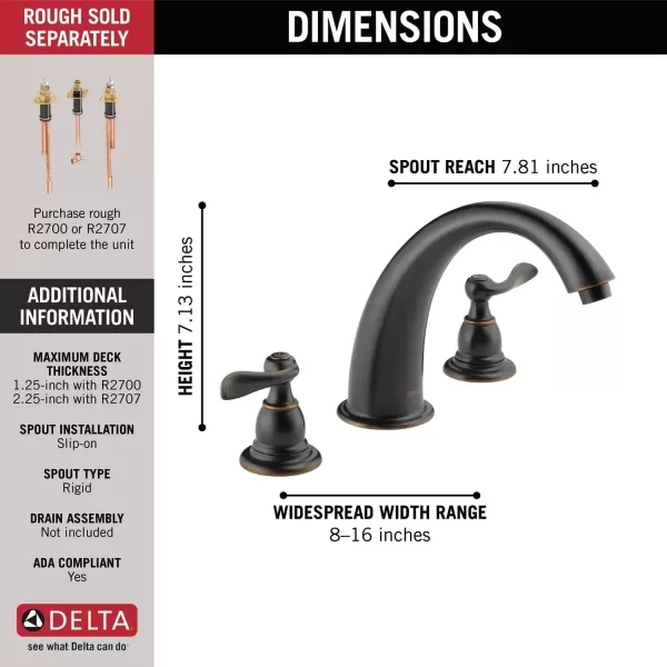 imageDelta Faucet Windemere 2Handle Widespread Roman Tub Faucet Trim Kit DeckMount Stainless BT2796SS Valve Not Included 650 x 1100 x 1100 inchesOil Rubbed Bronze
