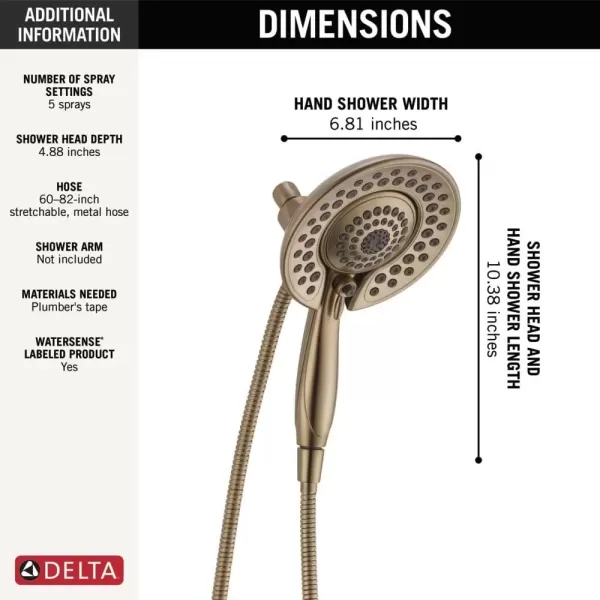 imageDelta Faucet 5Spray In2ition 2in1 Dual Shower Head with HandHeld Spray Gold Hand Held Shower Head with Hose Handheld Shower Heads 175 GPM Shower Head Champagne Bronze 58569CZPK