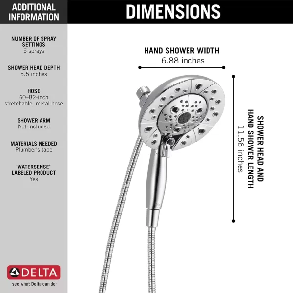 imageDelta Faucet 5Spray In2ition Dual Shower Head with HandHeld Spray H2Okinetic Chrome Shower Head with Hose Showerheads Handheld Shower Heads Lumicoat Chrome 58480PRPKChrome