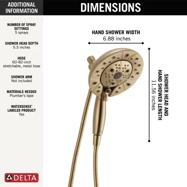 imageDelta Faucet 5Spray In2ition Dual Shower Head with Handheld Spray H2Okinetic Gold Shower Head with Hose Showerheads Handheld Shower Heads Magnetic Docking Champagne Bronze 58480CZPKChampagne Bronze