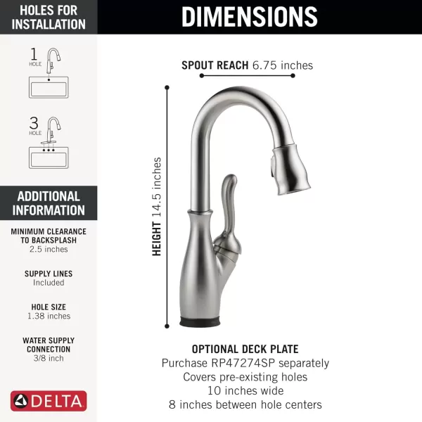 imageDelta Faucet Leland Touch Bar Faucet with Touchless Technology Bar Faucet with Pull Down Sprayer Black Bar Sink Faucet Prep Sink Faucet Wet Bar Faucet Matte Black 9678TLBLDSTSpotShield Stainless