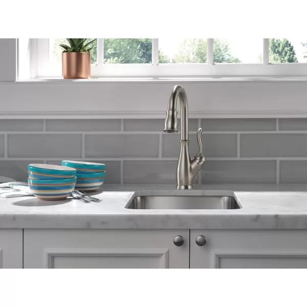 imageDelta Faucet Leland Touch Bar Faucet with Touchless Technology Bar Faucet with Pull Down Sprayer Black Bar Sink Faucet Prep Sink Faucet Wet Bar Faucet Matte Black 9678TLBLDSTSpotShield Stainless