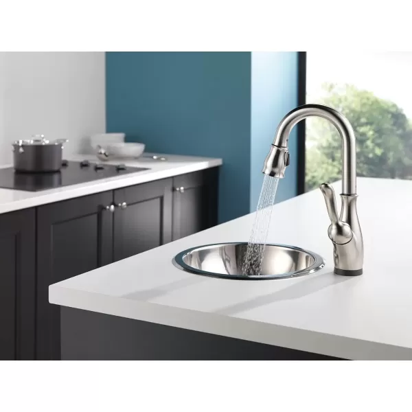 imageDelta Faucet Leland Touch Bar Faucet with Touchless Technology Bar Faucet with Pull Down Sprayer Black Bar Sink Faucet Prep Sink Faucet Wet Bar Faucet Matte Black 9678TLBLDSTSpotShield Stainless
