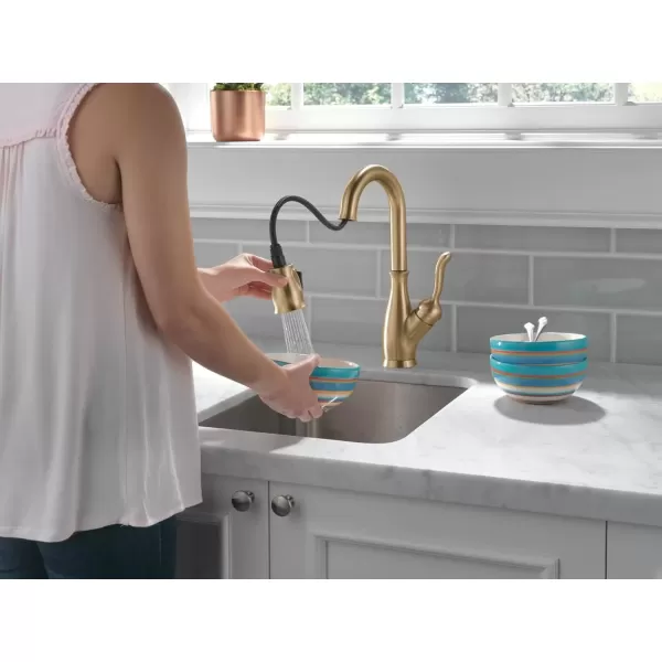 imageDelta Faucet Leland Touch Bar Faucet with Touchless Technology Bar Faucet with Pull Down Sprayer Black Bar Sink Faucet Prep Sink Faucet Wet Bar Faucet Matte Black 9678TLBLDSTChampagne Bronze