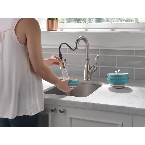 imageDelta Faucet Leland Touch Bar Faucet with Touchless Technology Bar Faucet with Pull Down Sprayer Black Bar Sink Faucet Prep Sink Faucet Wet Bar Faucet Matte Black 9678TLBLDSTSpotShield Stainless