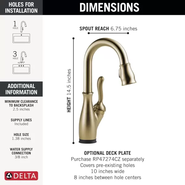 imageDelta Faucet Leland Touch Bar Faucet with Touchless Technology Bar Faucet with Pull Down Sprayer Black Bar Sink Faucet Prep Sink Faucet Wet Bar Faucet Matte Black 9678TLBLDSTChampagne Bronze