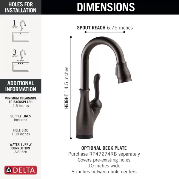 imageDelta Faucet Leland Touch Bar Faucet with Touchless Technology Bar Faucet with Pull Down Sprayer Black Bar Sink Faucet Prep Sink Faucet Wet Bar Faucet Matte Black 9678TLBLDSTVenetian Bronze