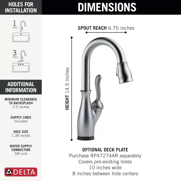 imageDelta Faucet Leland Touch Bar Faucet with Touchless Technology Bar Faucet with Pull Down Sprayer Black Bar Sink Faucet Prep Sink Faucet Wet Bar Faucet Matte Black 9678TLBLDSTArctic Stainless