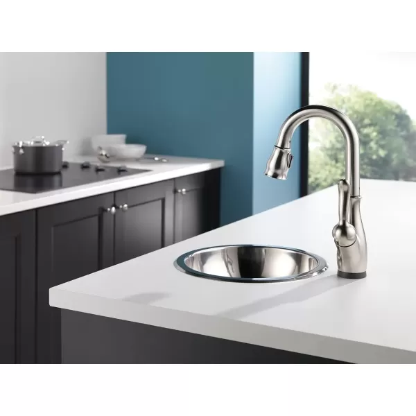 imageDelta Faucet Leland Touch Bar Faucet with Touchless Technology Bar Faucet with Pull Down Sprayer Black Bar Sink Faucet Prep Sink Faucet Wet Bar Faucet Matte Black 9678TLBLDSTSpotShield Stainless