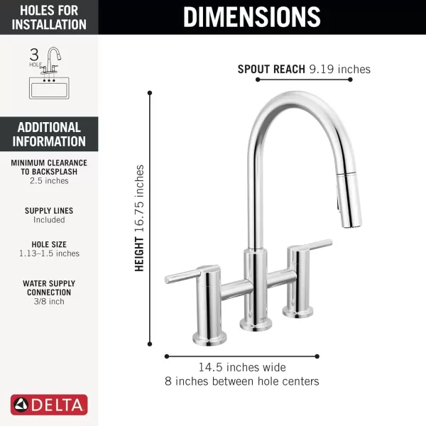 imageDelta Faucet Nicoli Bridge Kitchen Faucet with Pull Down Sprayer Brushed Nickel 3Hole Kitchen Faucet Modern Kitchen Faucet 2Handle Kitchen Faucet Kitchen Sink Faucet Stainless Steel 39876LFSSChrome