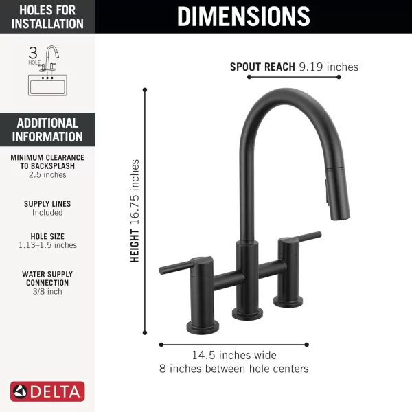 imageDelta Faucet Nicoli Bridge Kitchen Faucet with Pull Down Sprayer Brushed Nickel 3Hole Kitchen Faucet Modern Kitchen Faucet 2Handle Kitchen Faucet Kitchen Sink Faucet Stainless Steel 39876LFSSMatte Black