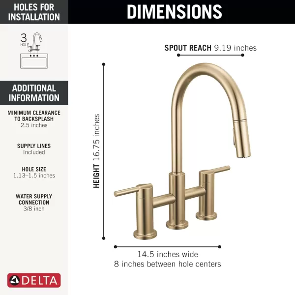 imageDelta Faucet Nicoli Bridge Kitchen Faucet with Pull Down Sprayer Brushed Nickel 3Hole Kitchen Faucet Modern Kitchen Faucet 2Handle Kitchen Faucet Kitchen Sink Faucet Stainless Steel 39876LFSSChampagne Bronze