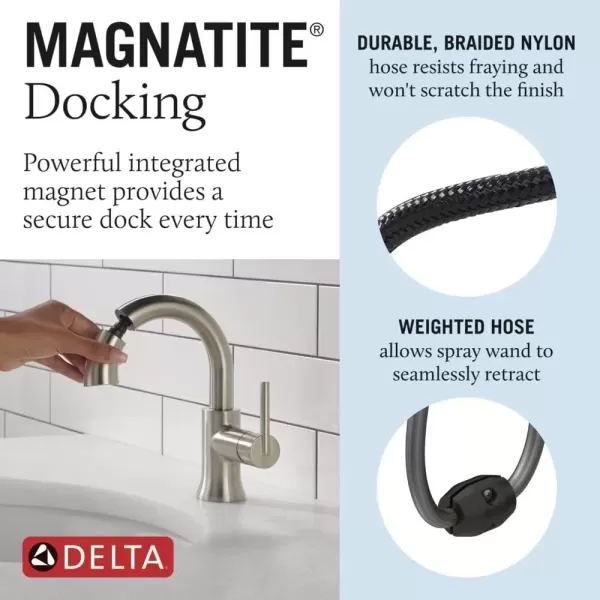 imageDelta Faucet Trinsic Pull Down Bathroom Faucet Bathroom Pull Out Faucet Black Single Hole Bathroom Faucet with Pull Down Sprayer Bathroom Sink Faucet Magnetic Docking Matte Black 559HARBLPDDSTStainless