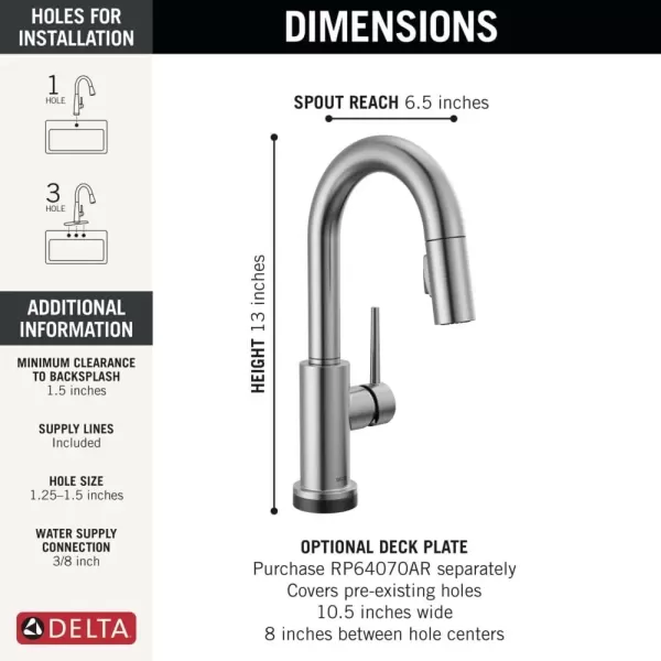 imageDelta Faucet Trinsic Touch Bar Faucet with Touchless Technology Bar Faucet with Pull Down Sprayer Black Bar Sink Faucet Prep Sink Faucet Wet Bar Faucet Matte Black 9959TLBLDSTArctic Stainless