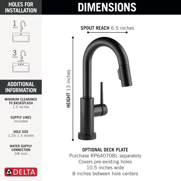 imageDelta Faucet Trinsic Touch Bar Faucet with Touchless Technology Bar Faucet with Pull Down Sprayer Black Bar Sink Faucet Prep Sink Faucet Wet Bar Faucet Matte Black 9959TLBLDSTMatte Black