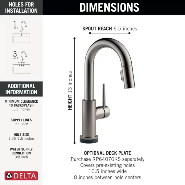 imageDelta Faucet Trinsic Touch Bar Faucet with Touchless Technology Bar Faucet with Pull Down Sprayer Black Bar Sink Faucet Prep Sink Faucet Wet Bar Faucet Matte Black 9959TLBLDSTBlack Stainless