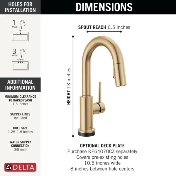 imageDelta Faucet Trinsic Touch Bar Faucet with Touchless Technology Bar Faucet with Pull Down Sprayer Black Bar Sink Faucet Prep Sink Faucet Wet Bar Faucet Matte Black 9959TLBLDSTChampagne Bronze