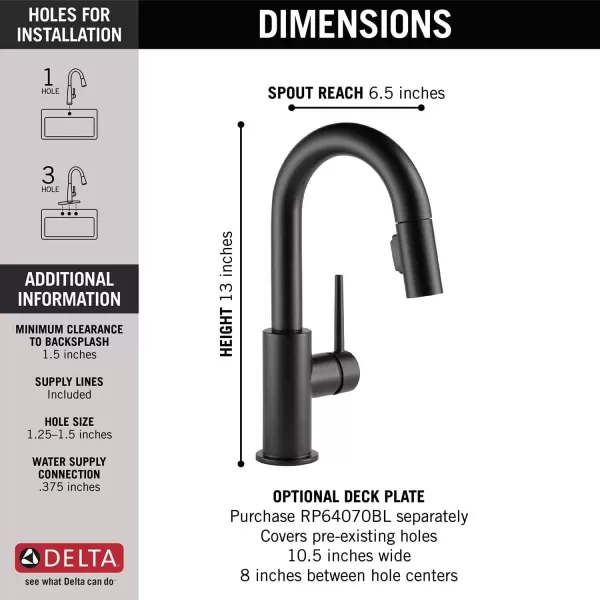 imageDelta Faucet Trinsic Touch Bar Faucet with Touchless Technology Bar Faucet with Pull Down Sprayer Black Bar Sink Faucet Prep Sink Faucet Wet Bar Faucet Matte Black 9959TLBLDSTMatte Black