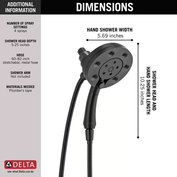 imageDelta Faucet 4Spray In2ition 2in1 Dual Shower Head with HandHeld Spray H2Okinetic Black Shower Head with Hose Showerheads Handheld Shower Heads Magnetic Docking Matte Black 58472BLMatte Black