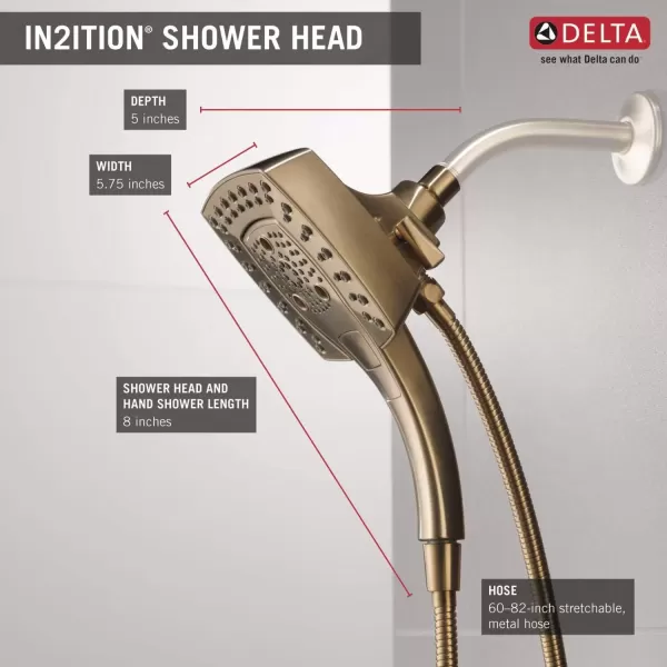 imageDelta Faucet 5Setting In2ition 2in1 Dual Hand Held Shower Head with Hose Gold Shower Head Handheld Combo Magnetic Docking Handheld Shower Head 25 GPM Champagne Bronze 58474CZ25