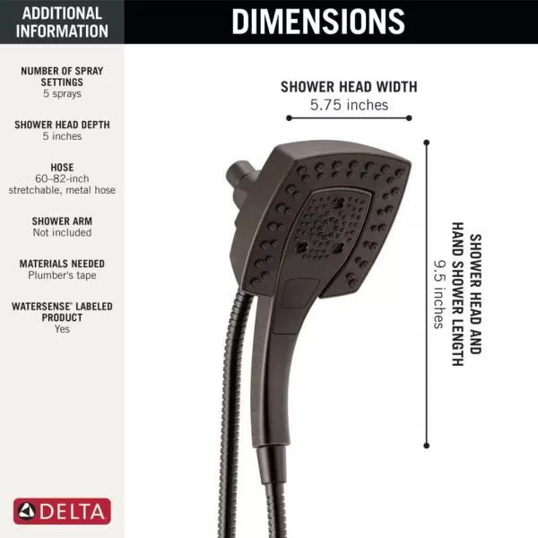 imageDelta Faucet 5Setting In2ition 2in1 Dual Hand Held Shower Head with Hose Oil Rubbed Bronze Shower Head Handheld Combo Magnetic Docking Handheld Shower Head 25 GPM Venetian Bronze 58474RB25Venetian Bronze