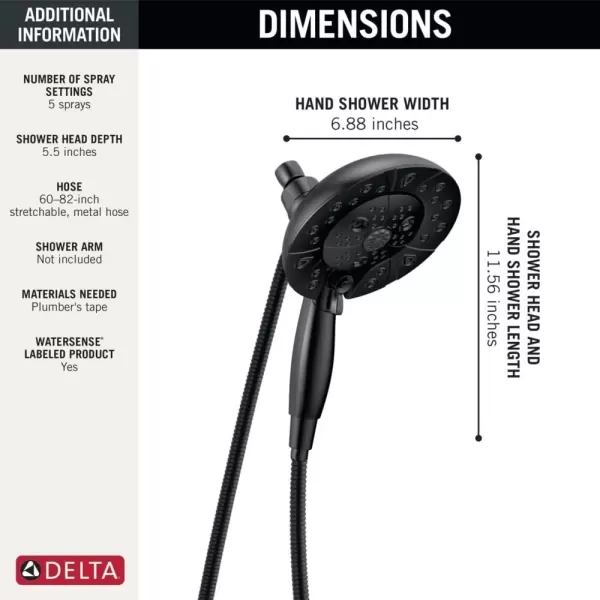 imageDelta Faucet 5Spray In2ition Dual Shower Head with Handheld Spray H2Okinetic Matte Black Shower Head with Hose Showerheads Handheld Shower Heads Magnetic Docking Matte Black 58480BLPKMatte Black