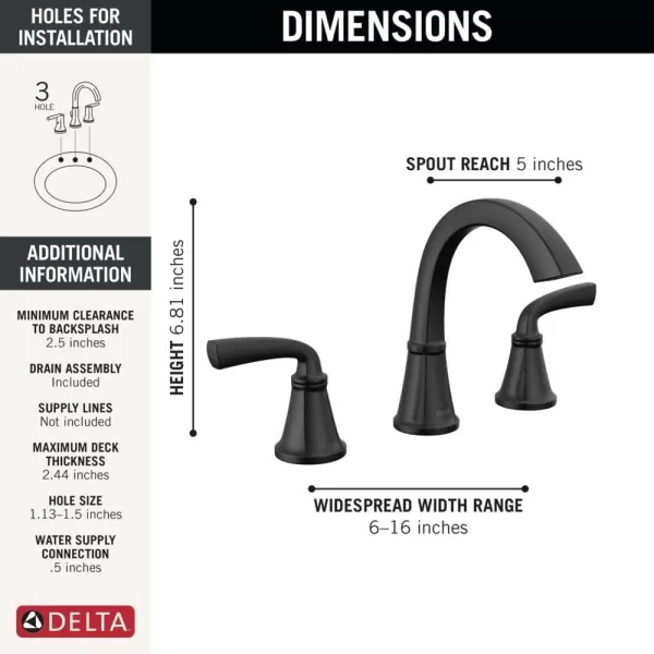 imageDelta Faucet Geist Widespread Bathroom Faucet 3 Hole Matte Black Bathroom Faucet Bathroom Sink Faucet Bathroom Faucets for Sink 3 Hole Drain Assembly Included Matte Black 35864LFBLMatte Black