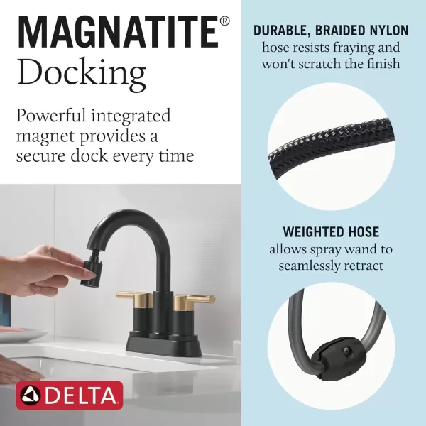 imageDelta Faucet Nicoli PullDown Centerset Bathroom Faucet Black and Gold Bathroom Sink Faucet Bathroom Faucet with Pull Out Sprayer 3Hole Bathroom Faucet Matte BlackChampagne Bronze 25749LFGZPDMatte BlackChampagne Bronze