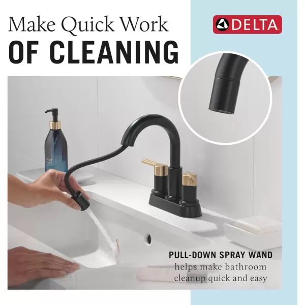 imageDelta Faucet Nicoli PullDown Centerset Bathroom Faucet Black and Gold Bathroom Sink Faucet Bathroom Faucet with Pull Out Sprayer 3Hole Bathroom Faucet Matte BlackChampagne Bronze 25749LFGZPDMatte BlackChampagne Bronze