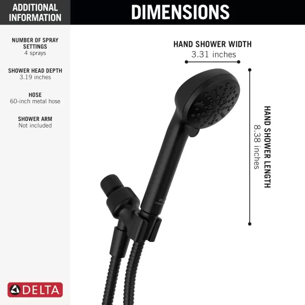imageDelta Faucet 4Setting Handheld Shower Head Black Shower Head with Hose Showerheads ampamp Handheld Showers Handheld Shower Heads Detachable Shower Head Hand Shower 175 GPM Matte Black 75413BLMatte Black