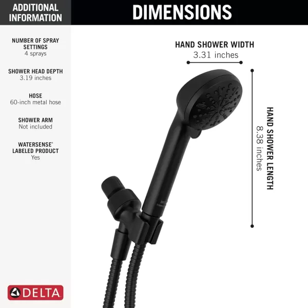 imageDelta Faucet 4Setting Handheld Shower Head Black Shower Head with Hose Showerheads ampamp Handheld Showers Handheld Shower Heads Detachable Shower Head Hand Shower 175 GPM Matte Black 75413BLMatte Black