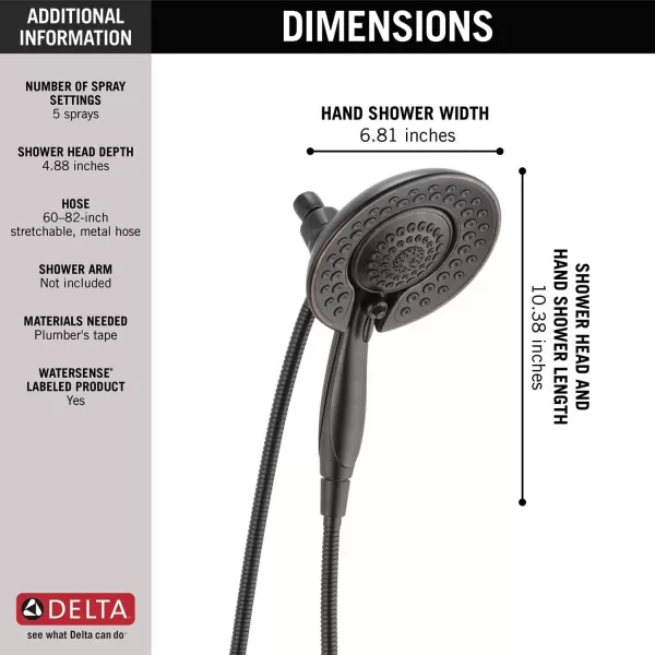 imageDelta Faucet 5Spray In2ition 2in1 Dual Shower Head with HandHeld Spray Oil Rubbed Bronze Hand Held Shower Head with Hose Handheld Shower Heads 175 GPM Shower Head Venetian Bronze 58569RBPK
