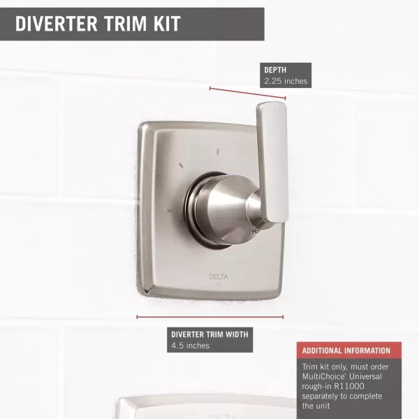 imageDelta Faucet Ashlyn 3Setting Shower Handle Diverter Trim Kit Diverter Valve Trim Kit Brushed Nickel 3 Way Shower Diverter Delta Diverter Trim Stainless T11864SS Valve Not IncludedStainless