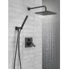 imageDelta Faucet Modern Raincan 2Setting Square Shower System Including Rain Shower Head and Handheld Spray Gold Rainfall Shower System Gold Shower Valve and Trim Kit Champagne Bronze 342701CZMatte Black
