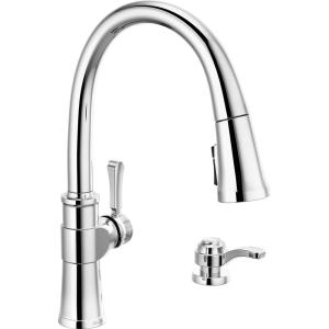 imageDELTA 19964ZSPSDDST Single Handle Pull Soap Dispenser and ShieldSpray Technology Kitchen Faucet 165 Inch SpotShield Brushed NickelChrome