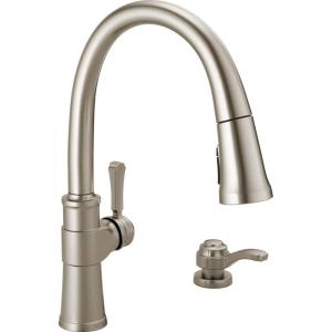 imageDELTA 19964ZSPSDDST Single Handle Pull Soap Dispenser and ShieldSpray Technology Kitchen Faucet 165 Inch SpotShield Brushed NickelSpotShield Brushed Nickel