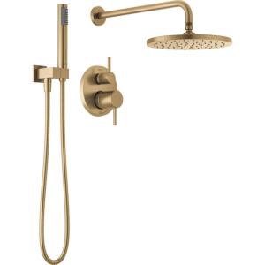 imageDelta Faucet Modern Raincan 2Setting Round Shower System Including Rain Shower Head and Handheld Spray Gold Rainfall Shower System Gold Shower Valve and Trim Kit Champagne Bronze 342702CZChampagne Bronze